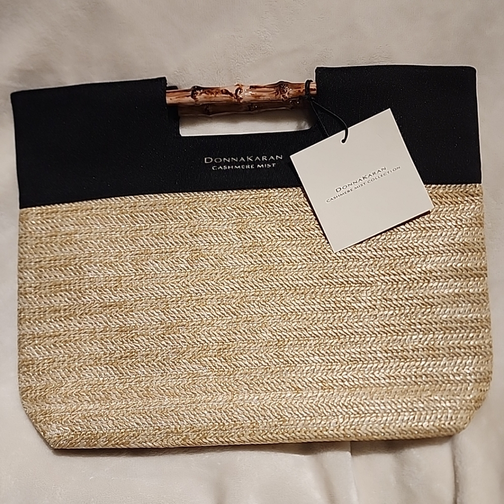 NWT Women's Donna Karan Cashmere Mist Woven Straw Tote W/ Bamboo Like Hand